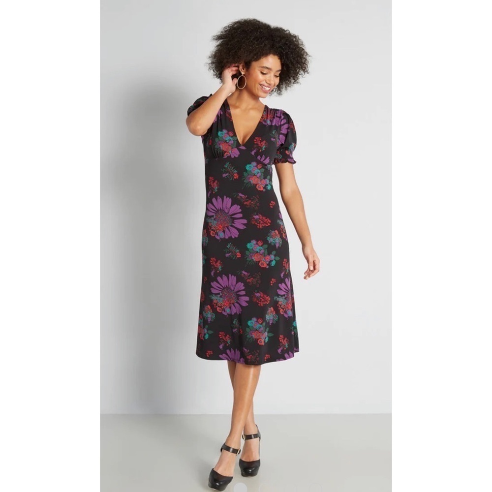 Modcloth Black Floral Dress with Purple and Red Accents